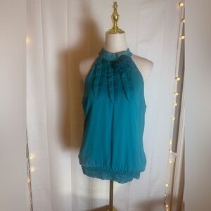 Chime Women’s XL Teal Halter Blouse with Pleated Ribbon & Floral Detail
